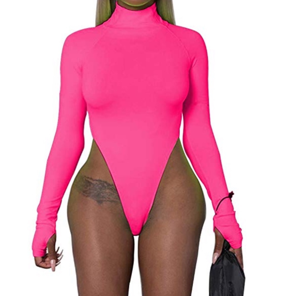 Hot neon pink glow bodysuit thong thumb holes festival rave club dancer long NWT